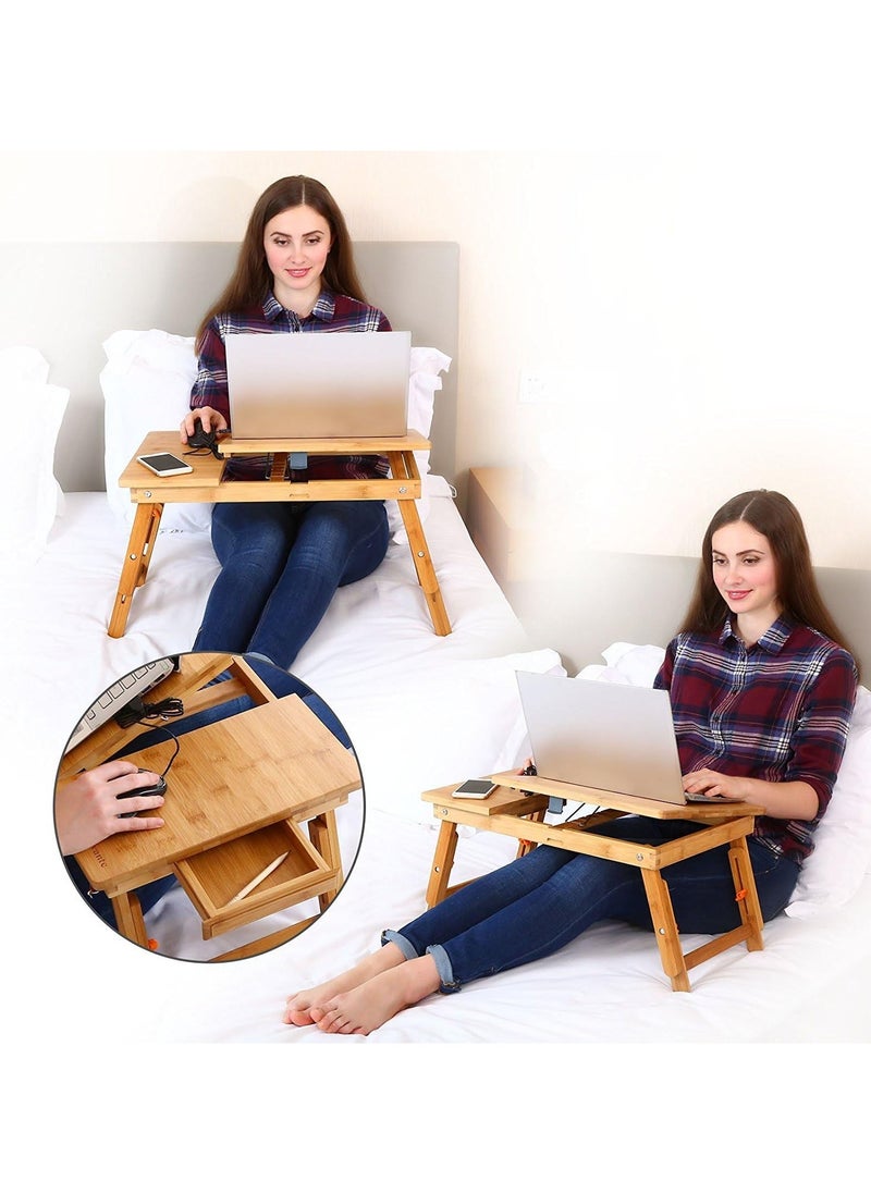 NNEWVANTE - Laptop Desk Nnewvante Table Adjustable 100% Bamboo Foldable Breakfast Serving Bed Tray w' Tilting Top Drawer - Image 1