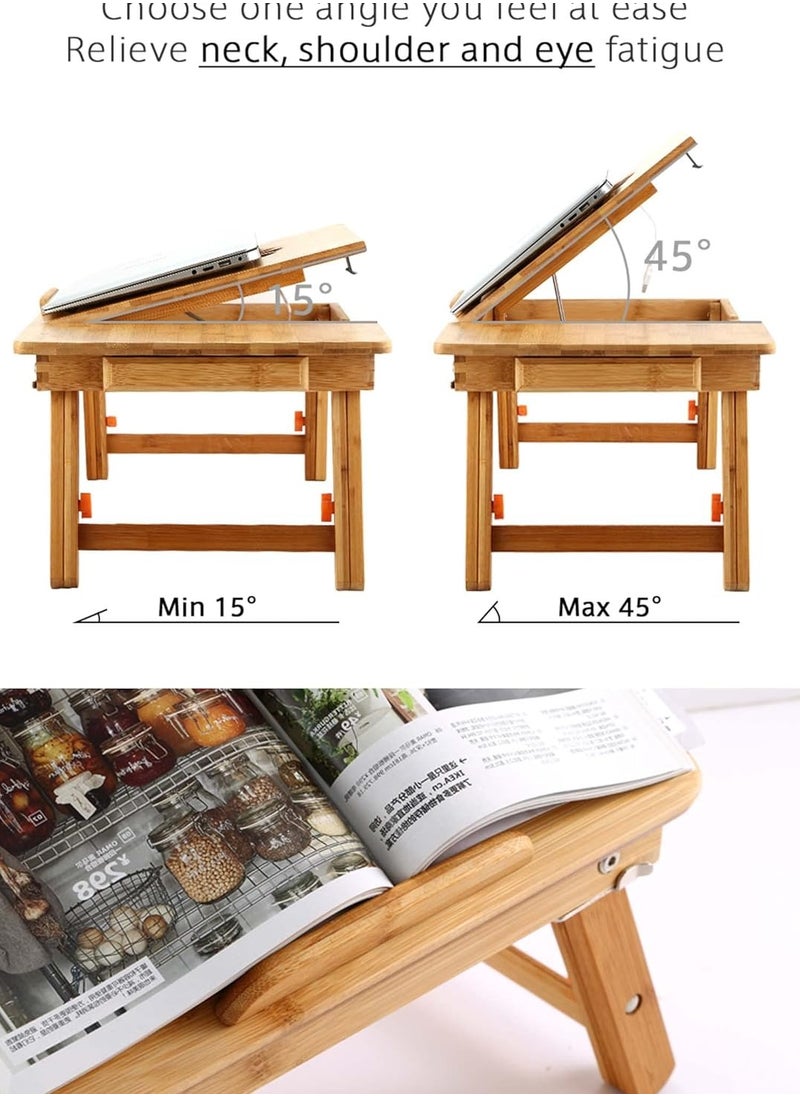 NNEWVANTE - Laptop Desk Nnewvante Table Adjustable 100% Bamboo Foldable Breakfast Serving Bed Tray w' Tilting Top Drawer - Image 1
