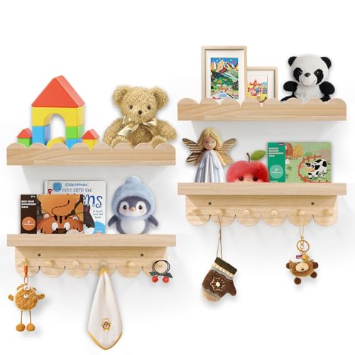 Varbonia Floating Nursery Book Shelves for Wall, 16'' Wood Book Shelf for Baby Boys Girls Bedroom Bathroom and Décor Storage, Wall Shelf for Books, Plants, Toys, Photo Frames (Wooden, 4 Pack) - Image 1