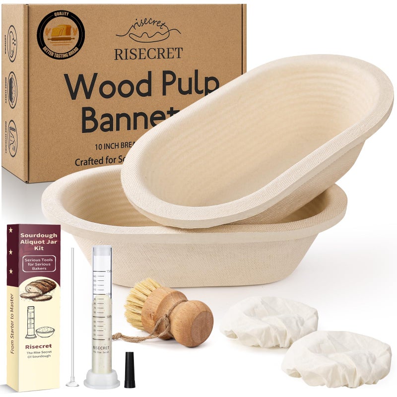 Risecret Non-Stick 10" Oval Wood Pulp Banneton Bread Proofing Basket Set Of 2 With Aliquot Jar, Sourdough Banneton Basket Set, Bread Making Tool Brotform Sourdough Bread Baking Supplies - Image 1
