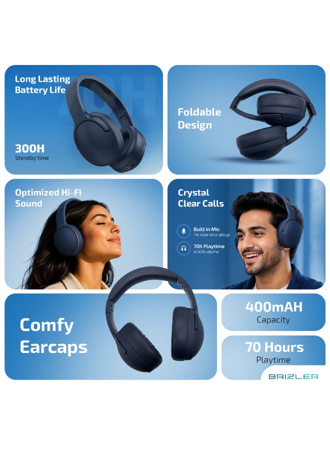 BRIZLER Wireless Over-Ear Headphones with 70-Hour Playtime, Bluetooth 5.4, 40mm Drivers, Deep Bass, Foldable Design, 3.5mm Aux & USB-C Adapter Included – Black - Image 2