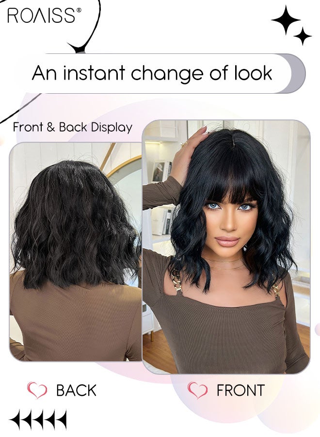 roaiss Natural Black Bob Wig with Bangs, Short Hair Wig for Women, Curly Synthetic Natural Heat Resistant Fiber Wigs for Daily Wear, Party, Costume, Cosplay, 35cm (14 inches） - Image 2