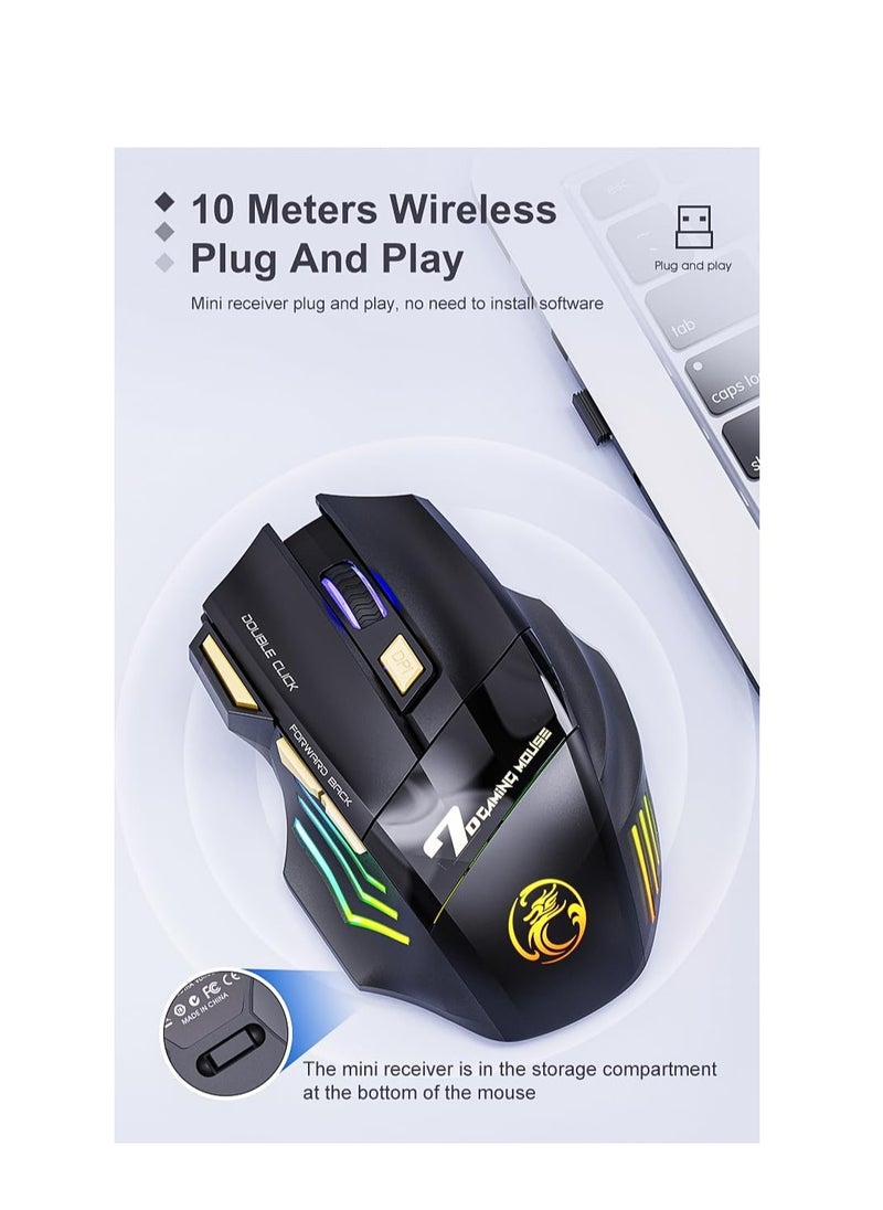 iMice - Wireless Bluetooth mouse, 2.4G dual mode (Bluetooth +USB) silent mouse, dazzling light effect, 3200 DPI gaming mouse, 7 buttons, rechargeable, suitable for Windows, Mac (X7 black) - Image 1