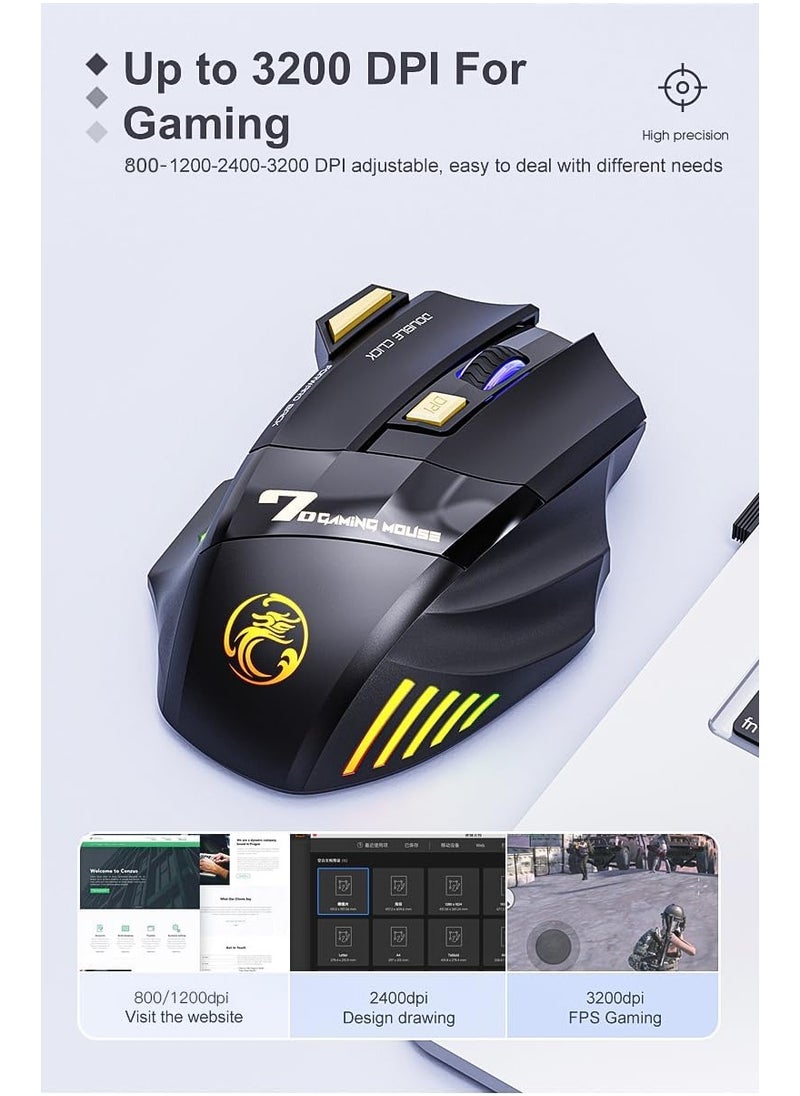 iMice - Wireless Bluetooth mouse, 2.4G dual mode (Bluetooth +USB) silent mouse, dazzling light effect, 3200 DPI gaming mouse, 7 buttons, rechargeable, suitable for Windows, Mac (X7 black) - Image 1