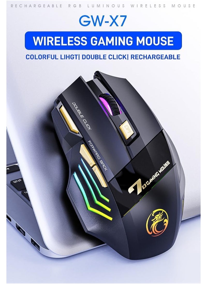 iMice - Wireless Bluetooth mouse, 2.4G dual mode (Bluetooth +USB) silent mouse, dazzling light effect, 3200 DPI gaming mouse, 7 buttons, rechargeable, suitable for Windows, Mac (X7 black) - Image 1