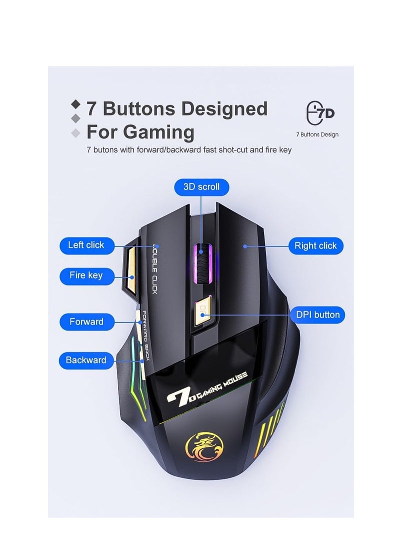 iMice - Wireless Bluetooth mouse, 2.4G dual mode (Bluetooth +USB) silent mouse, dazzling light effect, 3200 DPI gaming mouse, 7 buttons, rechargeable, suitable for Windows, Mac (X7 black) - Image 1