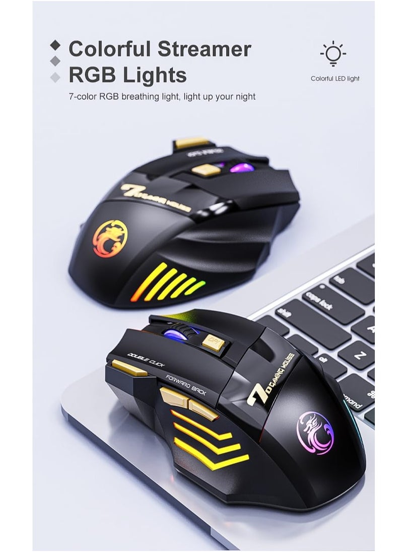 iMice - Wireless Bluetooth mouse, 2.4G dual mode (Bluetooth +USB) silent mouse, dazzling light effect, 3200 DPI gaming mouse, 7 buttons, rechargeable, suitable for Windows, Mac (X7 black) - Image 1