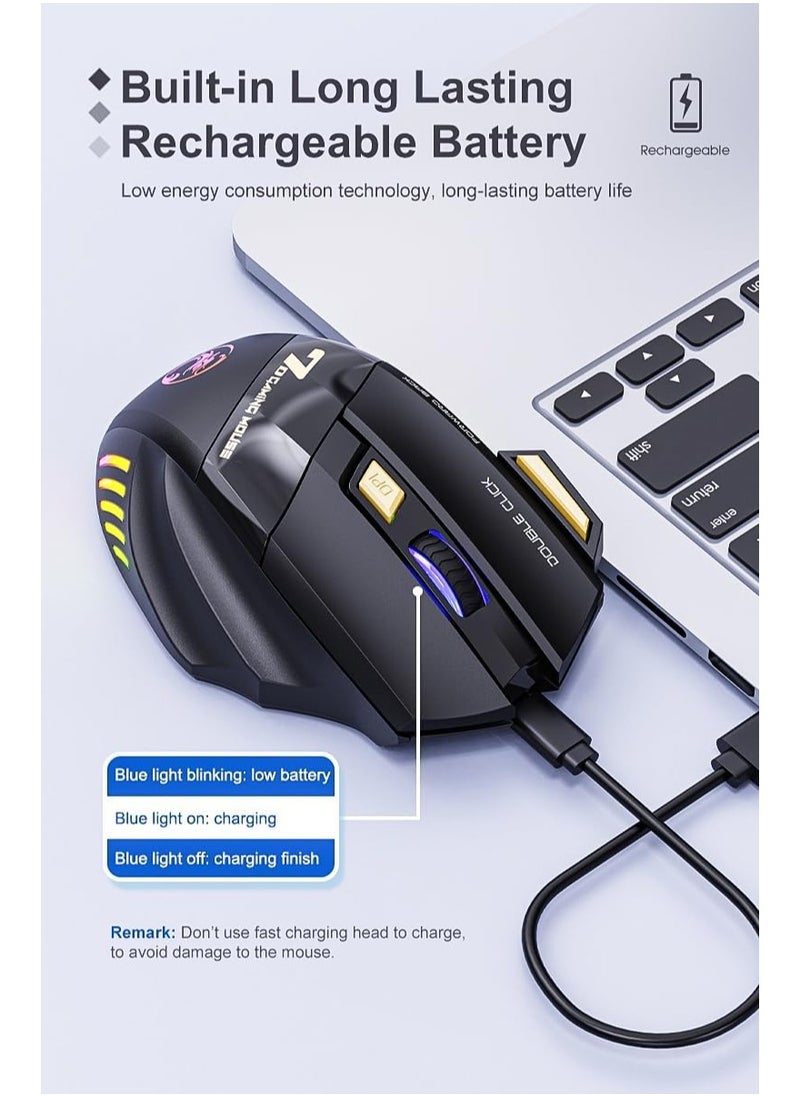 iMice - Wireless Bluetooth mouse, 2.4G dual mode (Bluetooth +USB) silent mouse, dazzling light effect, 3200 DPI gaming mouse, 7 buttons, rechargeable, suitable for Windows, Mac (X7 black) - Image 1