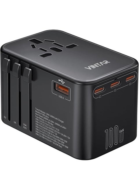 VINTAR Universal Travel Adapter, 100W GaN International Power Adapter with 3 USB C PD and 1 USB A QC, All in One Plug Adapter, Travel Adapter Worldwide for EU/UK/USA/AUS(Type C/G/A/I)