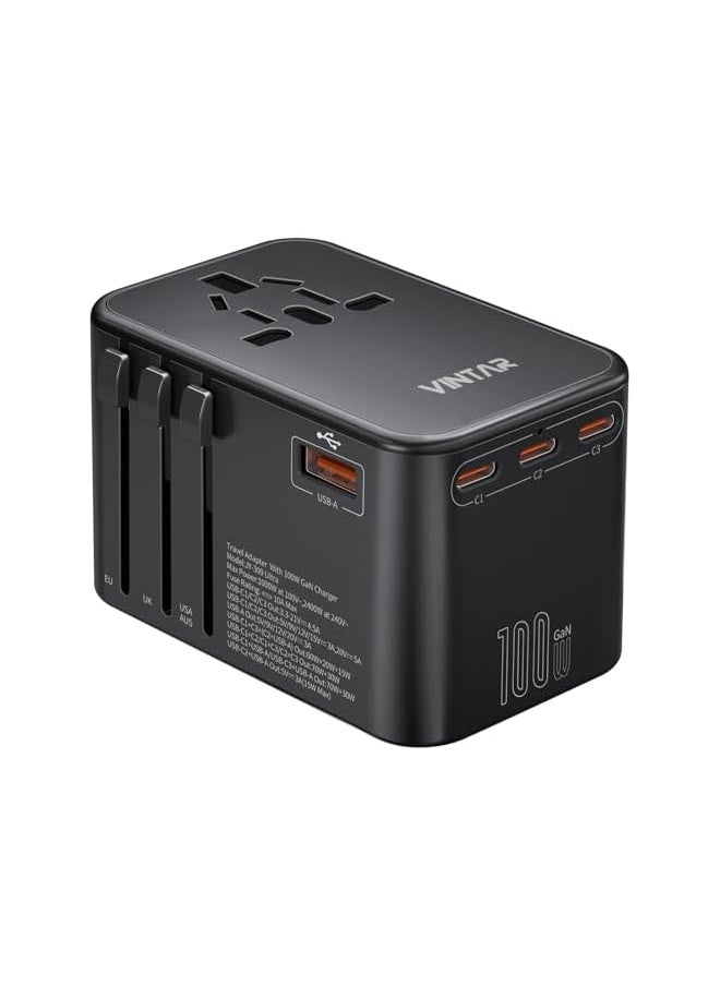 VINTAR - VINTAR Universal Travel Adapter, 100W GaN International Power Adapter with 3 USB C PD and 1 USB A QC, All in One Plug Adapter, Travel Adapter Worldwide for EU/UK/USA/AUS(Type C/G/A/I) - Image 1