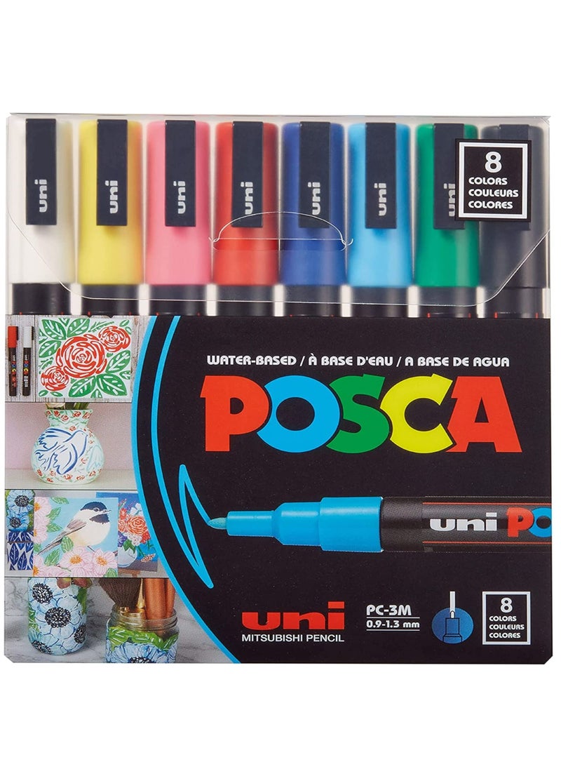 Uni Posca Paint Marker Pen - PC-3M Extra Fine 0.9-1.3 mm, 8 Colors 8 Colors  - Image 1