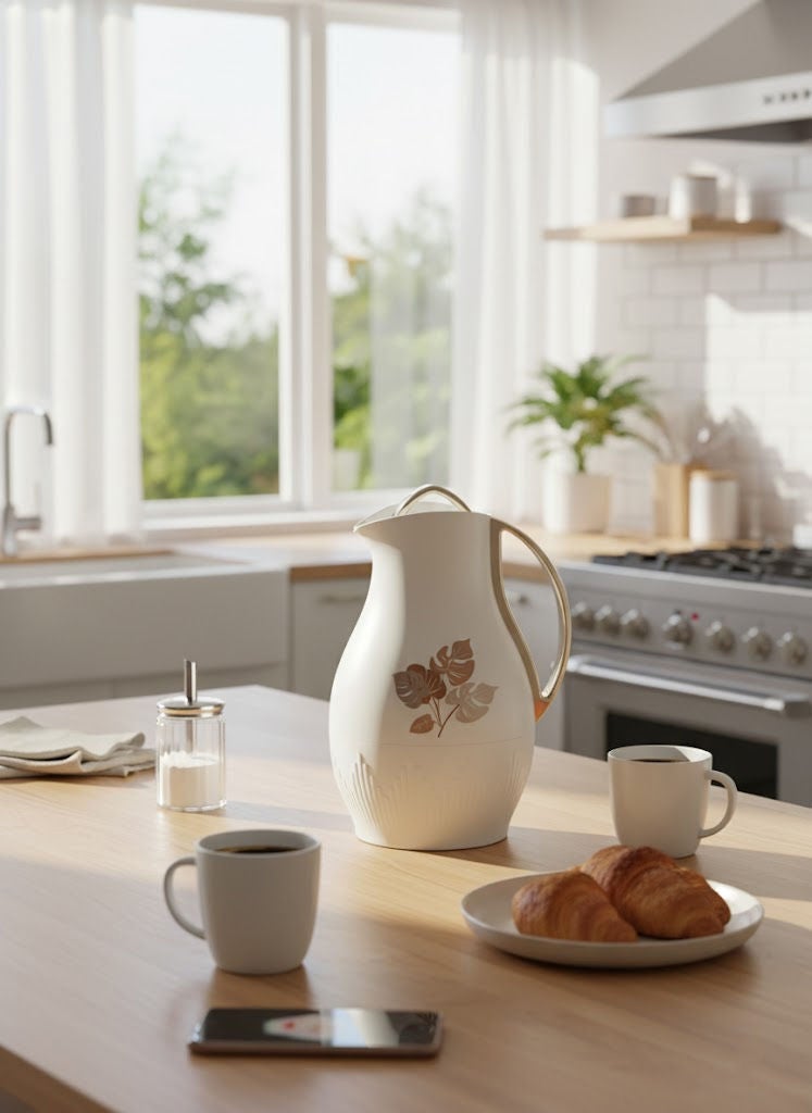 GAZELLA Plastic Tea/Coffee Flask 1 Liter Off White/Gold, Borosilicate Glass Inside - Image 1