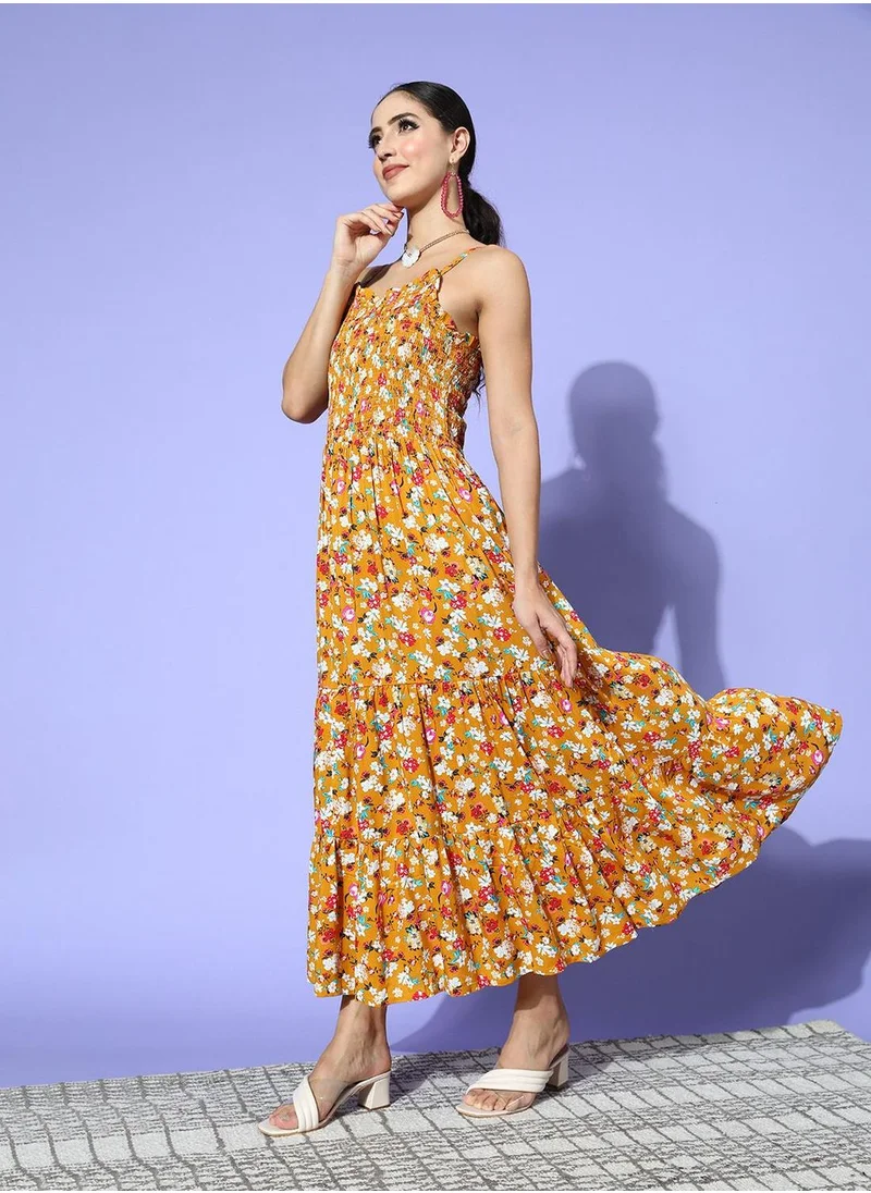 آي شين Regular Fit Embellished Pattern Round Neck Neck Three-Quarter Sleeve Mustard Colour Knitted Cotton Dresses for Women - A Statement Piece for Every Look