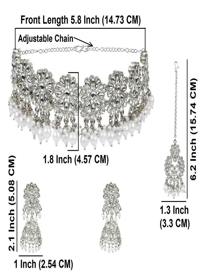 Efulgenz Indian Jewelry Sets Faux Kundan Choker Necklace Jhumka Earrings Maang Tikka Head Chain Bollywood Wedding Bridal Oxidized Jewellery for Women - Image 4