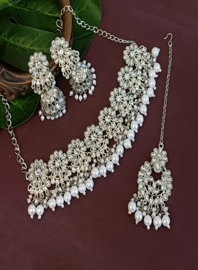 Efulgenz Indian Jewelry Sets Faux Kundan Choker Necklace Jhumka Earrings Maang Tikka Head Chain Bollywood Wedding Bridal Oxidized Jewellery for Women - Image 2