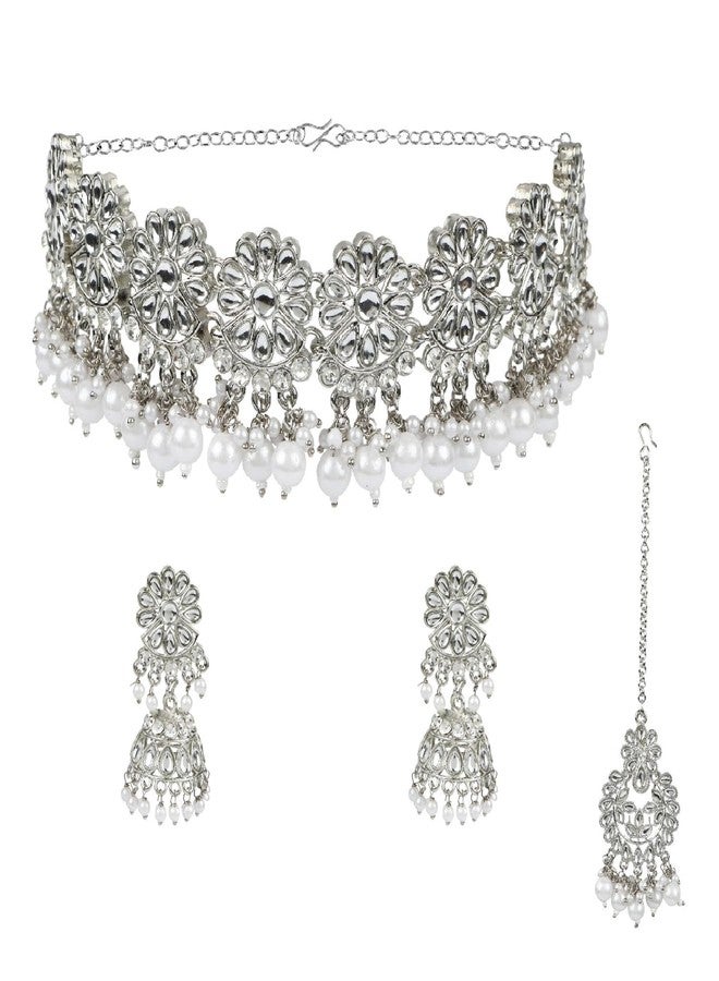 Efulgenz Indian Jewelry Sets Faux Kundan Choker Necklace Jhumka Earrings Maang Tikka Head Chain Bollywood Wedding Bridal Oxidized Jewellery for Women - Image 1