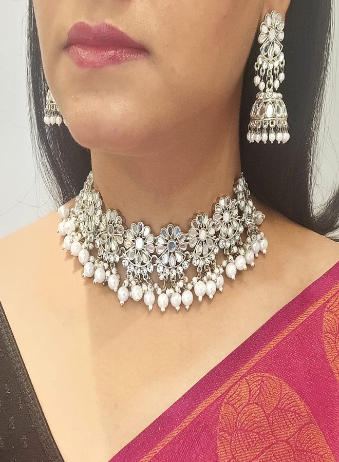 Efulgenz Indian Jewelry Sets Faux Kundan Choker Necklace Jhumka Earrings Maang Tikka Head Chain Bollywood Wedding Bridal Oxidized Jewellery for Women - Image 3