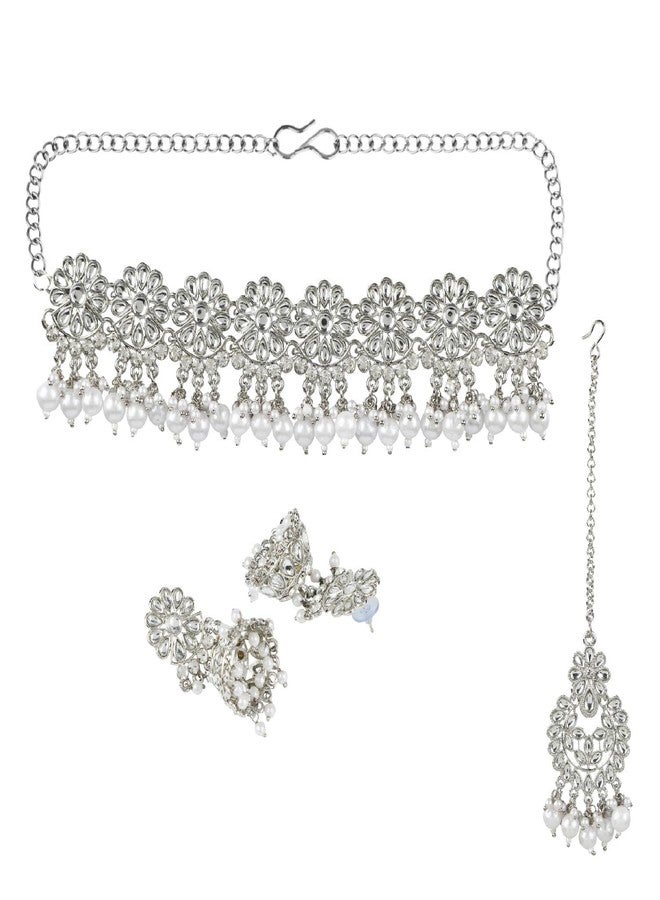 Efulgenz Indian Jewelry Sets Faux Kundan Choker Necklace Jhumka Earrings Maang Tikka Head Chain Bollywood Wedding Bridal Oxidized Jewellery for Women - Image 5