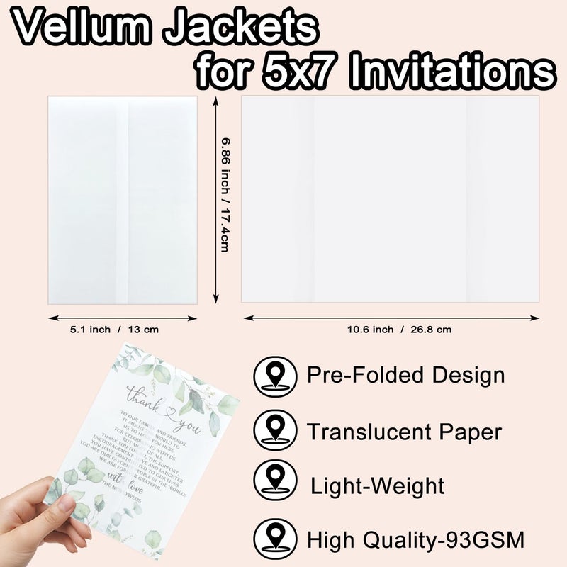 DOCVOEOMH 94 Pack Pre-Folded Vellum Jackets for 5x7 Invitations - 93 GSM Translucent Vellum Paper Sleeves, Envelope Liners & Wedding Invitation Accessories, Invitation Paper for Birthdays, Baby Showers - Image 2