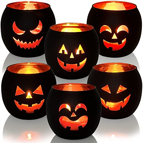 SHMILMH Halloween Table Decor Set of 6, Jack O Lanterns Black Glass Votive Tealight Candle Holders, Halloween Decorations Indoor Party Mantel Coffe Table Centerpiece Decor - Image 1