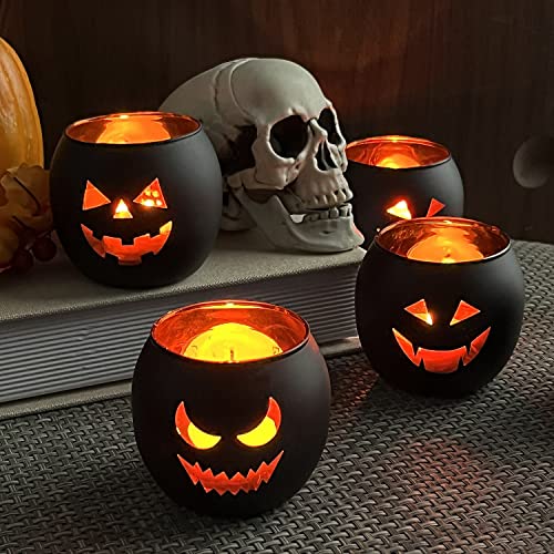 SHMILMH Halloween Table Decor Set of 6, Jack O Lanterns Black Glass Votive Tealight Candle Holders, Halloween Decorations Indoor Party Mantel Coffe Table Centerpiece Decor - Image 2