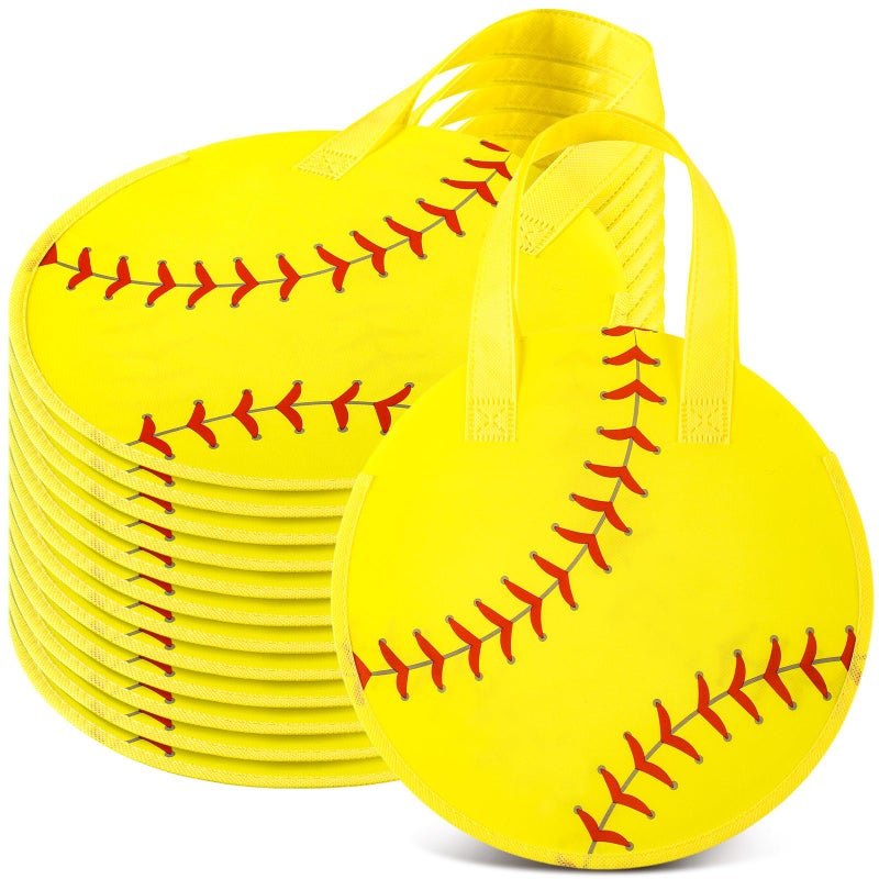 Yeyeplum 12 Pcs Softball Party Favor Bags 10 Ã— 10 Inch Softball Gift Bags with Handle Round Non Woven Gift Pouches for Goodie Candy Snacks Sports Themed Birthday Party Supplies - Image 1