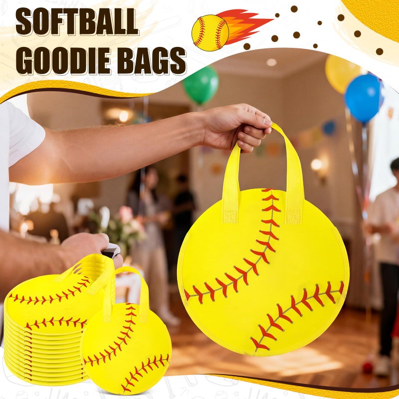 Yeyeplum 12 Pcs Softball Party Favor Bags 10 Ã— 10 Inch Softball Gift Bags with Handle Round Non Woven Gift Pouches for Goodie Candy Snacks Sports Themed Birthday Party Supplies - Image 4