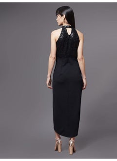 Miss Chase Miss Chase Women's Black Halter Neck Sleeveless Solid Embellished Midi Dress (MCAW21D13-17-62-06, Black, XL)  - Image 4