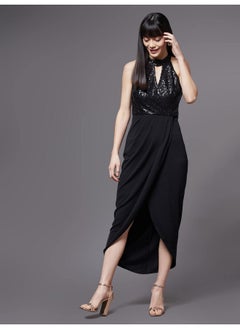 Miss Chase Miss Chase Women's Black Halter Neck Sleeveless Solid Embellished Midi Dress (MCAW21D13-17-62-06, Black, XL)  - Image 2