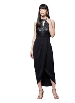 Miss Chase Miss Chase Women's Black Halter Neck Sleeveless Solid Embellished Midi Dress (MCAW21D13-17-62-06, Black, XL)  - Image 1