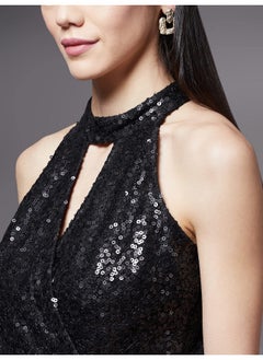 Miss Chase Miss Chase Women's Black Halter Neck Sleeveless Solid Embellished Midi Dress (MCAW21D13-17-62-06, Black, XL)  - Image 5