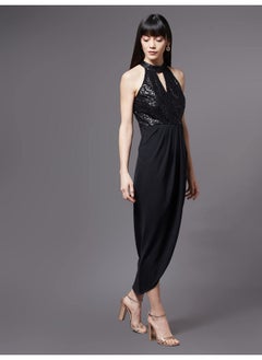 Miss Chase Miss Chase Women's Black Halter Neck Sleeveless Solid Embellished Midi Dress (MCAW21D13-17-62-06, Black, XL)  - Image 3