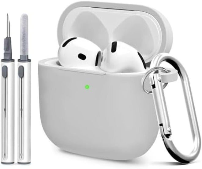 غطاء سيليكون لحافظة AirPods الجيل الرابع، جلد ناعم، حماية كاملة، سلسلة مفاتيح، عدة تنظيف (حليب الشاي) - Image 1