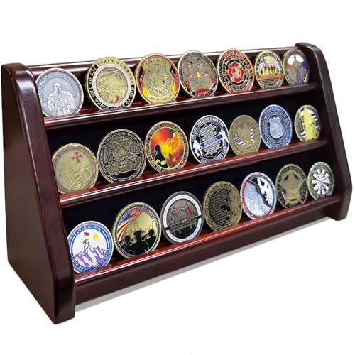 ASmileIndeep 3 Rows Wooden Challenge Coin Wall Display Stand - Military Coin Holder Army Coins Rack, Holds 21-24 Coins, Mahogany - Image 1