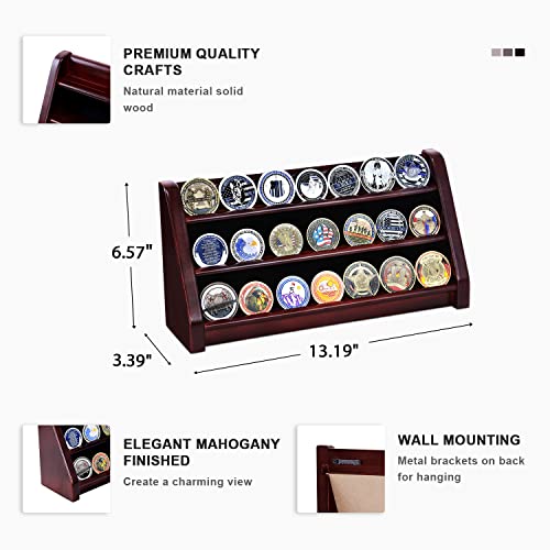 ASmileIndeep 3 Rows Wooden Challenge Coin Wall Display Stand - Military Coin Holder Army Coins Rack, Holds 21-24 Coins, Mahogany - Image 2