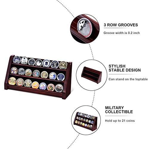 ASmileIndeep 3 Rows Wooden Challenge Coin Wall Display Stand - Military Coin Holder Army Coins Rack, Holds 21-24 Coins, Mahogany - Image 3