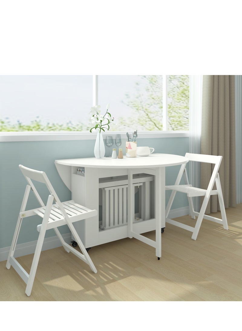 Eleva Home Foldable Dining Table Set with 4 chairs, 1 Storage Space, Space Saving for Home Living Room and Kitchen, Round White - Image 5