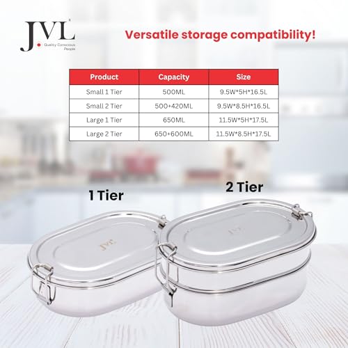 JVL Stainless Steel 2 Tier Lunch Box (Capsule, Large) - Image 3