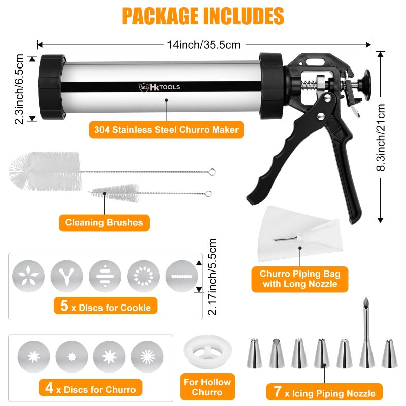 PAHTTO Churro Maker Machine, Stainless Steel Churros Gun Kit, 3-in-1 Multifunctional Cookie Press Hollow Churro with Piping Bag, 7 Piping Nozzles, 9 Cookie Discs & 2 Brushes, Easy to Clean - Image 2