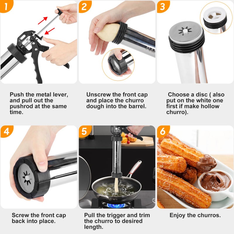 PAHTTO Churro Maker Machine, Stainless Steel Churros Gun Kit, 3-in-1 Multifunctional Cookie Press Hollow Churro with Piping Bag, 7 Piping Nozzles, 9 Cookie Discs & 2 Brushes, Easy to Clean - Image 4