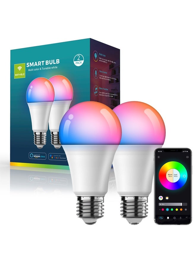 2 Pcs Smart Bulb，Smart Wifi And Bluetooth LED Bulb，E27 Remote Control Color，Multi Color Changing Dimmable，Timeable, Voice Controlled, Google, Yandex Alice - Image 1