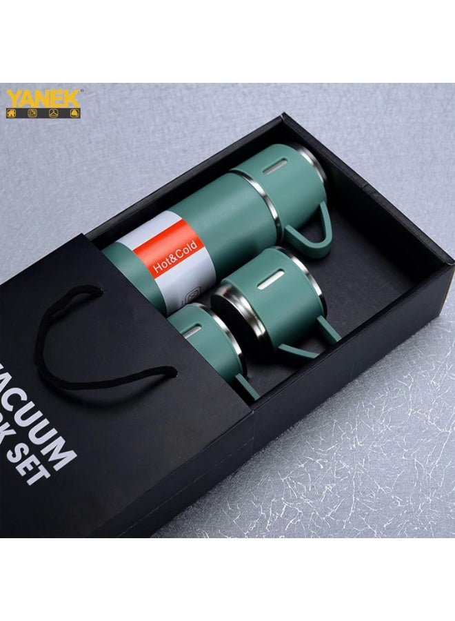 MOSH 500ml Stainless Steel Vacuum Thermos Flask with Silicone Handle – Insulated Water Bottle with 2 Stainless Steel Cups for Hot & Cold Drinks, Outdoor Travel Gift Box (1 Pack, Green) - Image 2