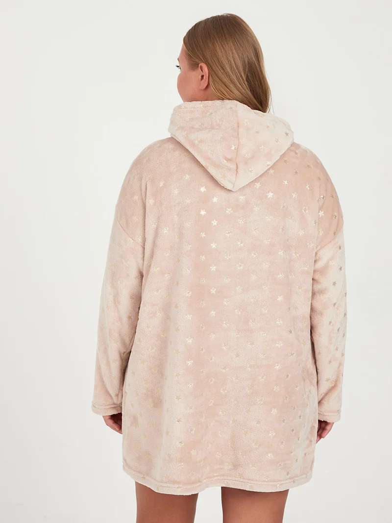 Styli Plus Gold Foil Star Fleece Hooded Pocket Nightdress