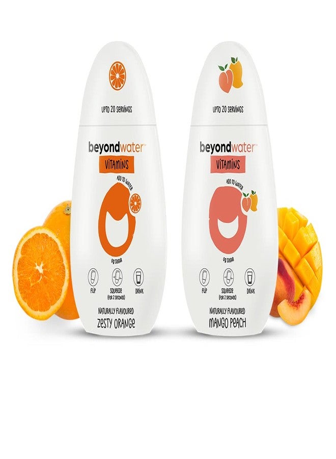 BEYOND WATER بيوند ووتر فروت بلاست - مركز نكهة فيتامينات يمكنك تحضيره بنفسك - عبوتان × ٢٠ حصة - (مانجو وخوخ + برتقال منعش) | مزيج مشروب بنكهة فورية معزز للماء، مشروب ترطيب، أكثر من ١٠ فيتامينات ومعادن، نكهة فواكه صحية، مكونات طبيعية ١٠٠٪، قليل السكر، ماء منكه - Image 1