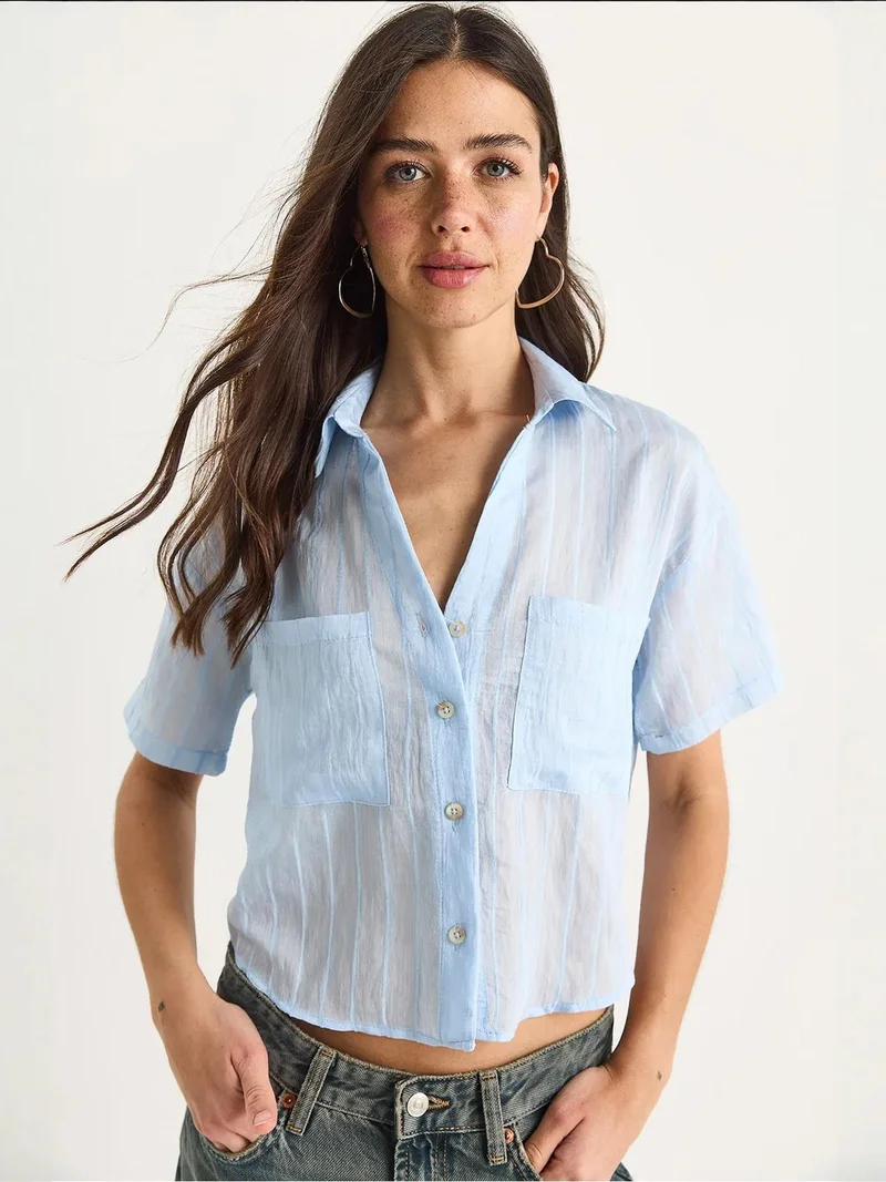 Bianco Lucci LUCCI Textured Striped Crop Shirt with Pocket