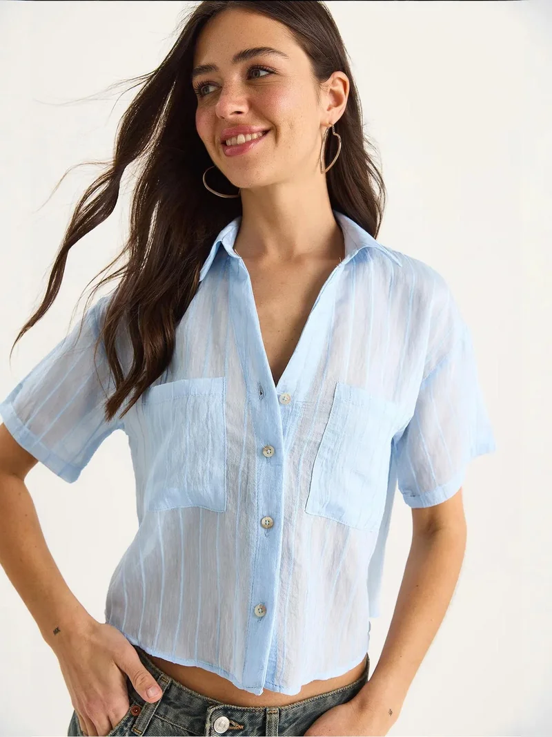LUCCI Textured Striped Crop Shirt with Pocket