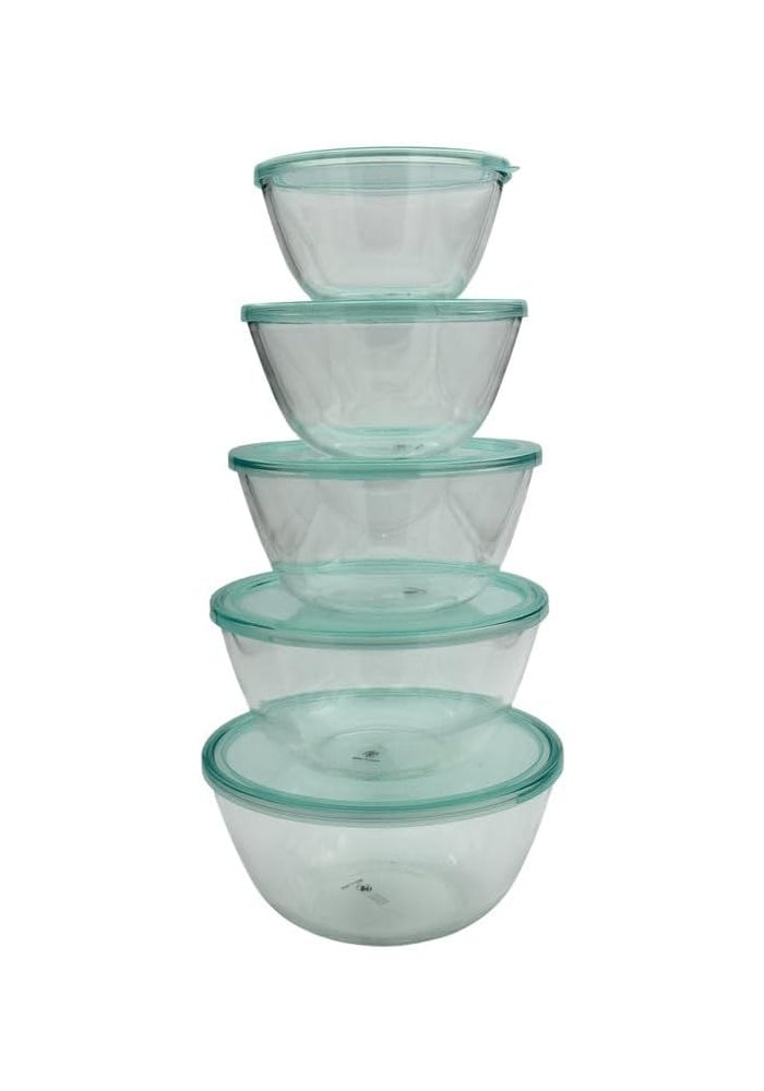 بي آند دي طقم أوعية خلط زجاجية من B&D، 5 قطع متداخلة للتخزين، زجاج شفاف مع حافة باللون الفيروزي، مزودة بأغطية - Image 1