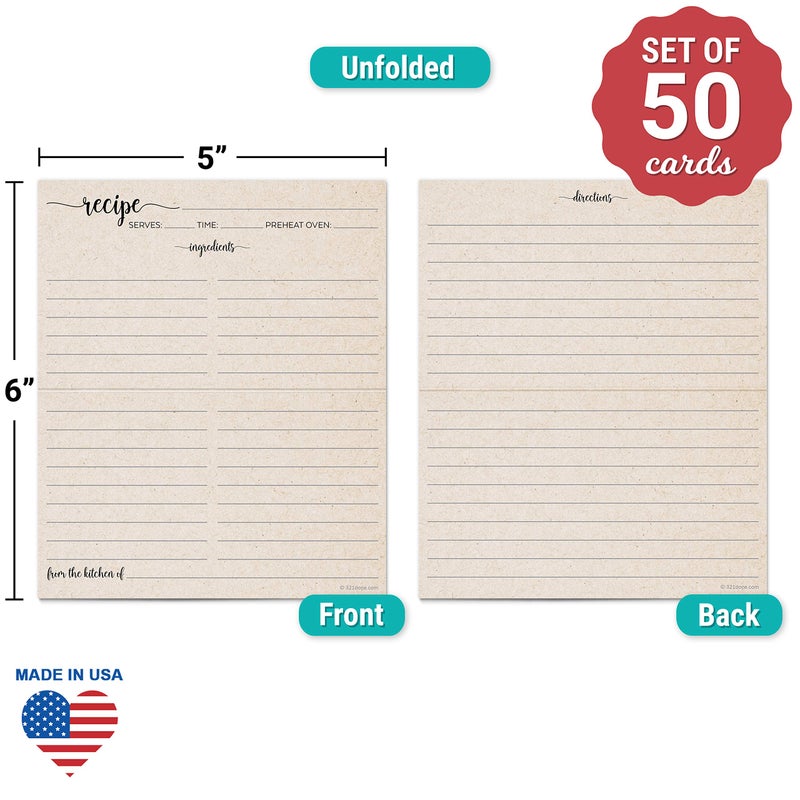 321 دن 321Done بطاقات وصفة قابلة للطي (مجموعة من 50) ريفي كرافت تان من مطبخ - طيات إلى 3X5 من 6X5 - حفل زفاف عتيق بسيط لحفلات الزفاف بوهو - صنع في الولايات المتحدة الأمريكية - مطوية على الوجهين - Image 2
