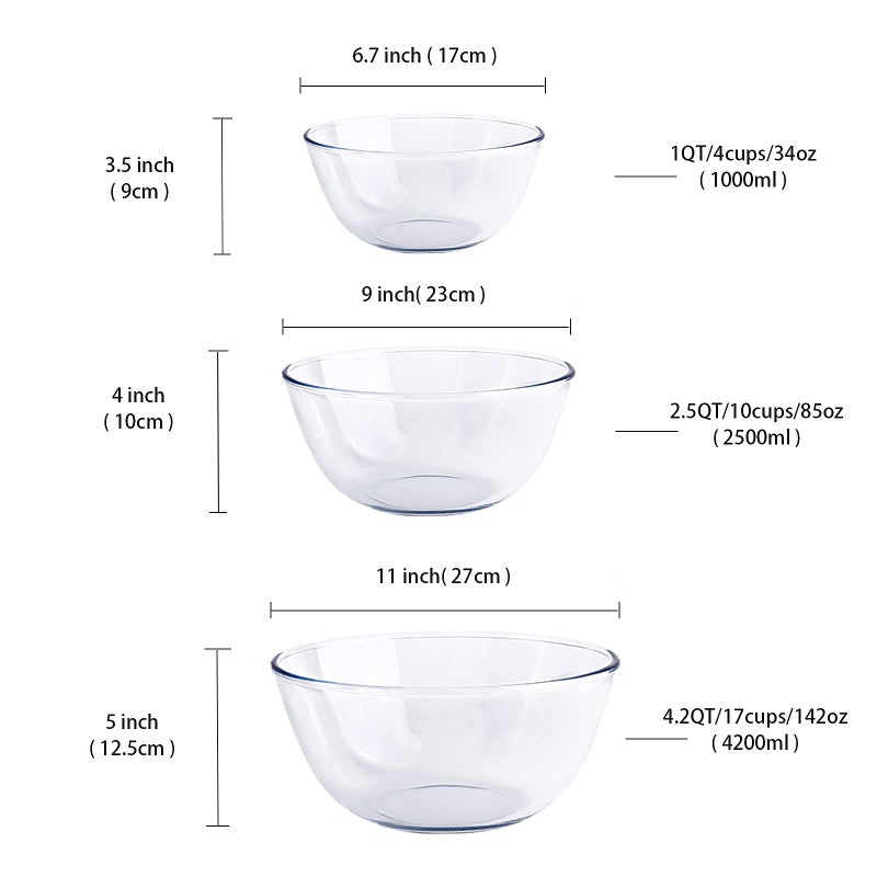 Homwin Glass Mixing Bowl Set for Baking 3-Piece Salad Bowl Set (1qt, 2.5qt, 4.2qt), High Brosilicate Large Bowls for Kitchen Prepping Serving and Storage, Microwave Dishwasher Oven Safe - Image 3
