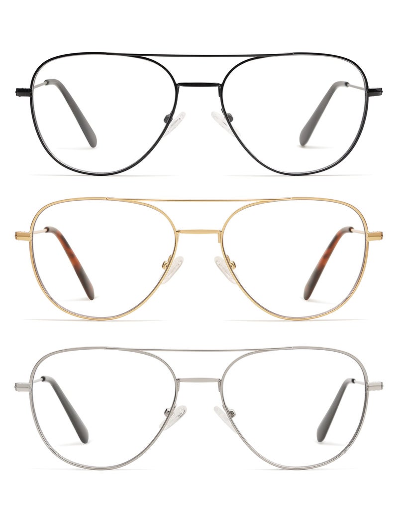 AMOMOMA 3-Pack Retro Aviator Reading Glasses for Men Women Trendy Square Blue Light Blocking Computer Readers Metal AM6092 Mix (+2.00 Magnification Strength) - Image 1